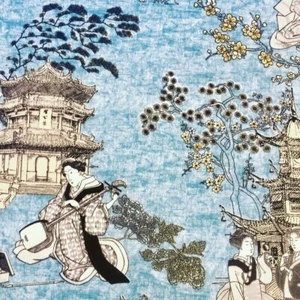Material de tela de cortina de sarga oriental pagoda japonesa geisha 110"" de ancho azul - Imagen 1 de 8