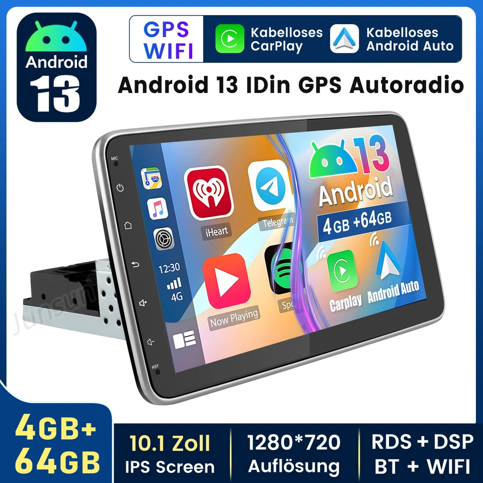 4+64GB Android 13 Carplay Autoradio GPS Navi 1 DIN 360° Drehbar Bildschirm WIFI - Bild 1 von 4