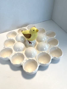 Vintage Ceramic Deviled Egg Easter Platter Tray Hand Painted White Yellow Chick - Picture 1 of 8