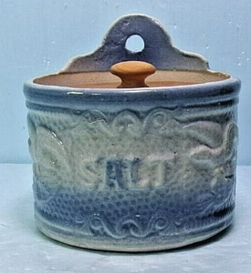 ANTIQUE VINTAGE BLUE & WHITE STONEWARE "EAGLE w/SHIELD" PATTERN SALT CROCK w/LID - Picture 1 of 8