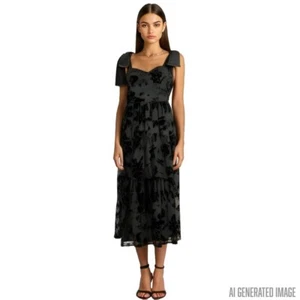 Lulus Burnout Velvet Floral Tie-Strap Midi Dress Large Black NWT Holiday Party - Picture 1 of 8