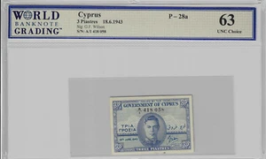 CYPRUS KGVI 1943 3 PIASTRE BANKNOTE UNC WBG 63 p28 - Picture 1 of 2