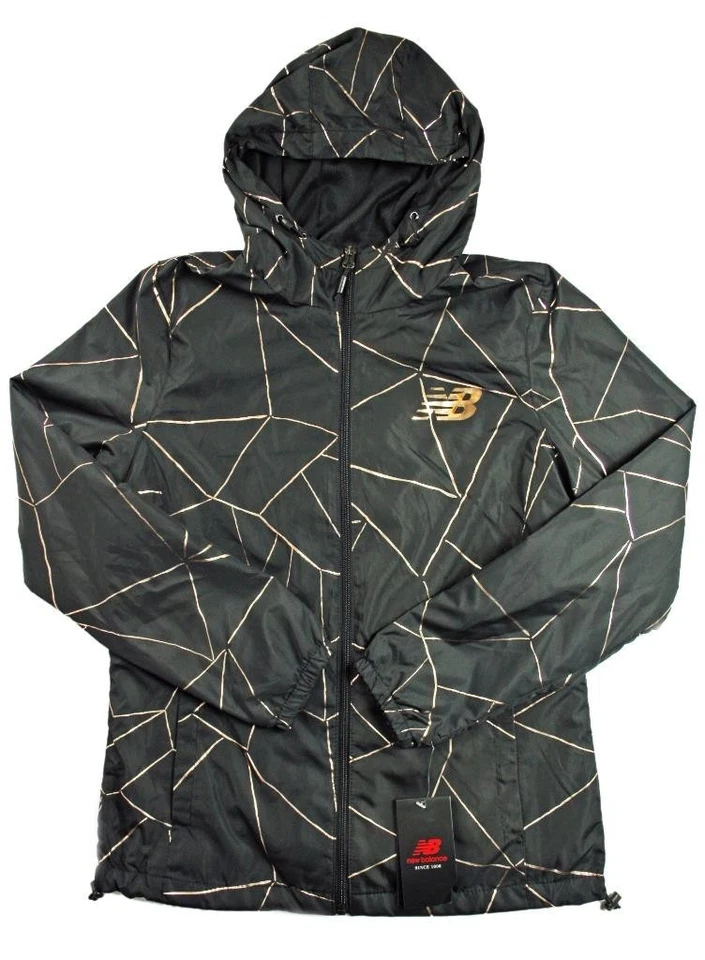Chaqueta cortavientos New Balance para mujer con capucha M cremallera completa forrada negra dorada $69 Foto 1 de 4
