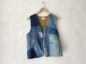 1970s vtg HOMEMADE INDIGO PATCHWORK DENIM HIPPIE VEST M/L Jean - Picture 1 of 14