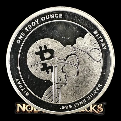 Bitcoin BitPay redondo de plata 0,999 de 1 oz diseño criptográfico “Evolución del dinero” APMEX Foto 1 de 2