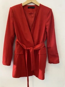ZARA WOMAN Red Long Sleeve Collarless Belted Mini Blazer Dress Size L - Picture 1 of 11