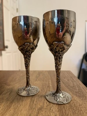 VTG Godinger Lot Of 2 Goblets Cup Grape Vine Leaf Design Silver Plate Holds 8 OZ - Image 1 of 4