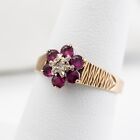 Vintage 9ct Yellow Gold HM Ruby Diamond Daisy Cluster Ring Size L, US Size 6