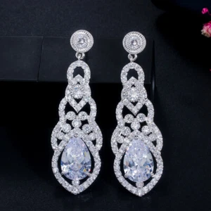 White Gold Plated Cubic Zirconia Hollow Out Long Dangle Drop Earrings for Brides - Picture 1 of 8