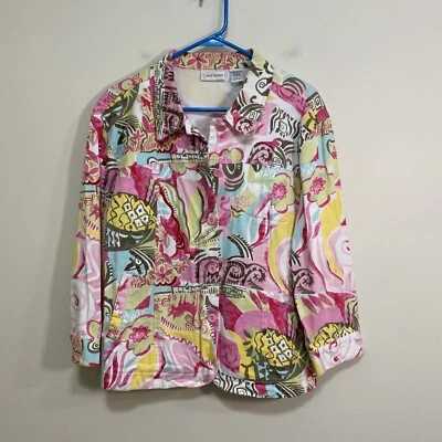 Erin London XL Vibrant Pink Print Jacket Pockets Cotton BLend - Image 1 of 4
