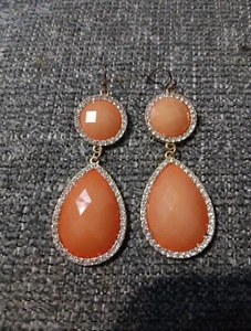 Costume Jewelry Earrings Peach Pink Gold Tone Rhinestone Accents 3 Inch Long - Picture 1 of 9