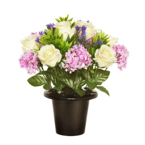 Artificial Rose, Lavender & Allium Flowers in Grave Pots - Memorial Vase Insert - Picture 1 of 3