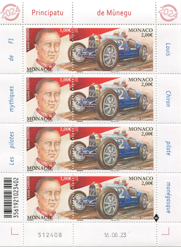 Hoja Completa Mónaco 2024 LEGENDARIOS PILOTOS DE FÓRMULA 1 - LOUIS CHIRON MNH Foto 1 de 1