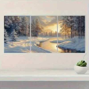3pcs Winter Wonderland Snowy Forest & River Scene Metal Print Ready to Hang Art - Picture 1 of 8