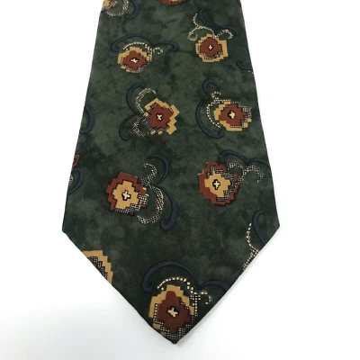 Corbata de cuello Lands End para hombre 100 % seda verde marrón estilizada floral hecha en EE. UU. Foto 1 de 4