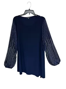 Top Marina blu navy con perline manica trasparente stile tunica orlo asimmetrico taglia 20W - Foto 1 di 12