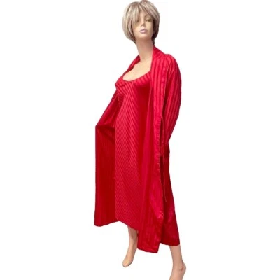 NWT $126 Cabernet Set of Long Bright Red Robe & Gown SMALL w Shadow Line Pattern - Image 1 of 4