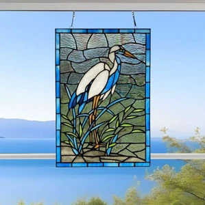 Stately Crane Stained Glass Window Panel Suncatcher 12x18in - Picture 1 of 4