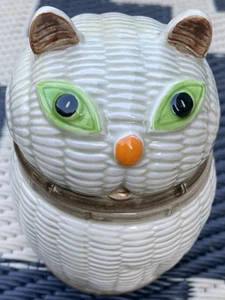 Cat Japanese Ceramic Wicker Look Cat Siamese Sugar Or Honey W Spoon 4.5" x 2.5" - Picture 1 of 13