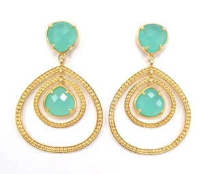VTG Cleets Signed Dangle Earrings Aquamarine & Gold Plated Circles Over 2” - Picture 1 of 9