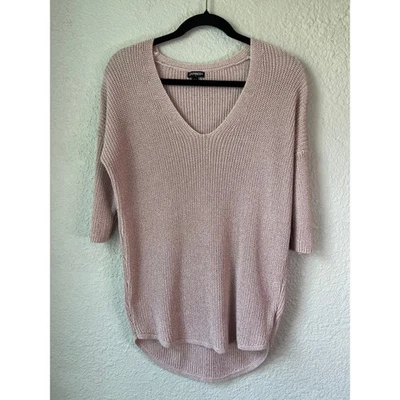 Suéter Express Mujer Rosa Metálico Tejido Cuello en V Manga 3/4 Pequeño Foto 1 de 4