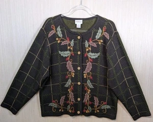 Crystal Kobe Vintage Damen Größe XL schwarz orange Herbst Blätter Strick Cardigan Pullover - Bild 1 von 9