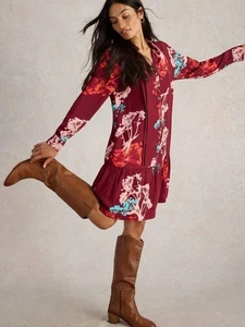 New White Stuff Frankie Burgundy Floral Dress Uk 18 Casual Petite Red Floral - Picture 1 of 15