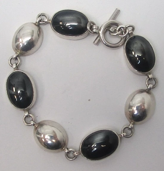 Vintage Sterling Silver and Black Onyx Cabochon Bracelet with Toggle Clasp - Image 1 of 4
