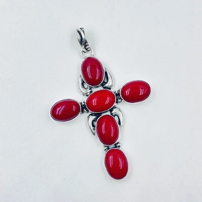 Colgante de plata de ley 925 natural de piedras preciosas de coral rojo joyería cruz regalo Foto 1 de 4