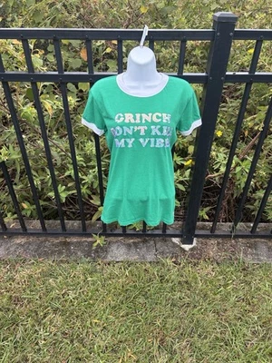 VS PINK Retired Bling Ringer Tee Shirt "Grinch Don't Kill My Vibe" Size X Small - Image 1 of 4