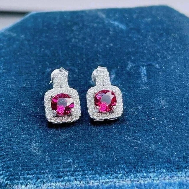 3Ct Round cut Lab Created Diamond Pink Ruby Stud earrings 14K White Gold Plated - Image 1 of 3