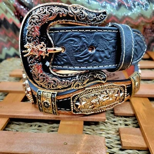 Bullrider Western Belt Cowboy Cowgirl/ star Gold genuine Leather sz XL - 40 - Picture 1 of 8