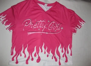 Shein girls 11yrs loose fit pretty girl graphic flames print v-neck tee hot pink - Picture 1 of 1