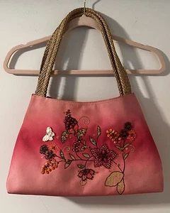 Nine West Pink Embroidered Garden of Eden Beaded Canvas Tote Handbag EUC  - Picture 1 of 4