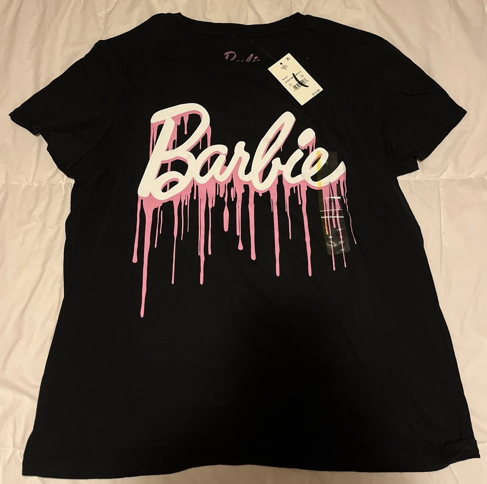 BARBIE Drip Hybrid Graphic Black T-Shirt Wet Paint Women Medium EUC Mattel