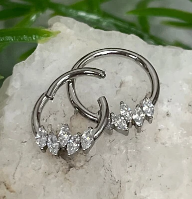 1pc Offset Marquise CZ Gem Hinged Segment Ring 16g Septum Clicker 316L Steel - Image 1 of 4