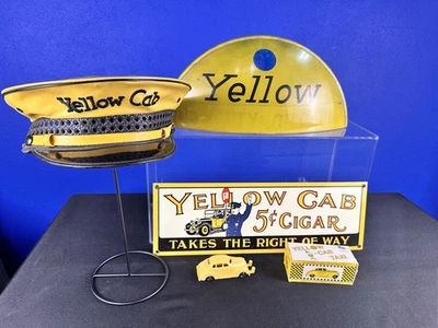 Lote de taxi de cabina amarilla vintage: gorra, luz de techo de vidrio, letrero, coche de juguete Marx genial Foto 1 de 4