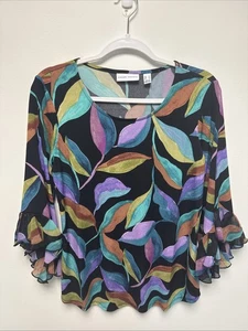 Top para mujer Susan Graver negro hojas coloridas manga 3/4 volantes XS Preppy otoño - Imagen 1 de 8