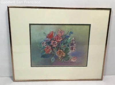 Ramo floral impresionista dibujo pastel de finales del siglo XX firmado Basia Kamir Foto 1 de 4