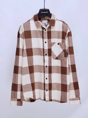 Мужская фланелевая хлопковая коричневая бежевая рубашка KARL KANI с длинным рукавом на пуговицах размер S - Изображение 1 из 4