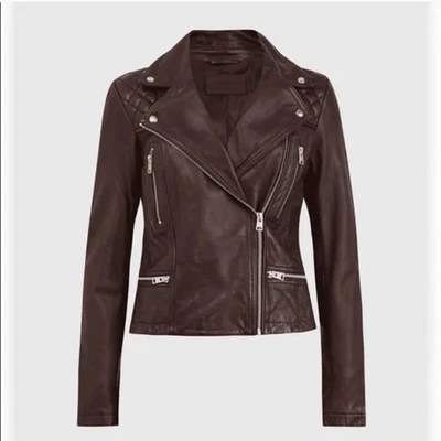 NEW AllSaints Catch Biker Jacket Oxblood Red Burgundy Brown Quilted Asymmetric 0 - Image 1 of 4