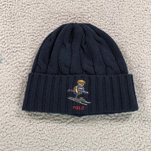 Polo Ralph Lauren Hat Mens Blue Cable Knit Holiday Ski Bear Wool blend Beanie - Picture 1 of 9