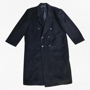 1980s Vintage Black Wool Cashmere Double Breasted Peacoat Long Overcoat Size 48 - Picture 1 of 11