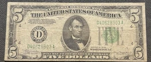 SERIES OF 1934 (CLEVELAND (D) $5 FEDERAL RESERVE NOTE D40628903A CIRCULATED - Picture 1 of 2