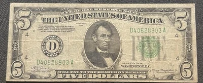 SERIES OF 1934 (CLEVELAND (D) $5 FEDERAL RESERVE NOTE D40628903A CIRCULATED - Image 1 of 2