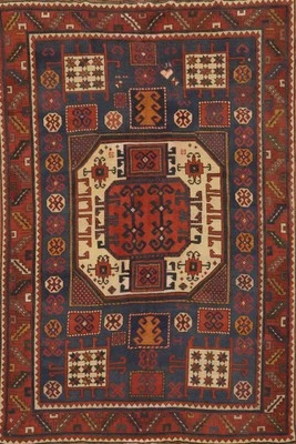 Pre-1900 Tribal Navy Blue Wool Kazak Vegetable Dye Hand-made Antique Rug 5x7 - Image 1 of 4