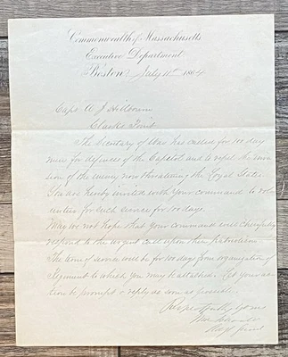 Carta de convocatoria de la milicia de Massachusetts de la Guerra Civil de 1864 - ¡Ejército confederado en la capital! Foto 1 de 4