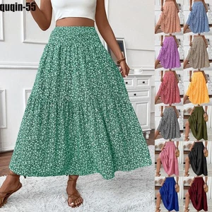 BOHO Women High Elastic Waist Floral Swing Skirts Long Summer Holiday Dress SIZE - Picture 1 of 50