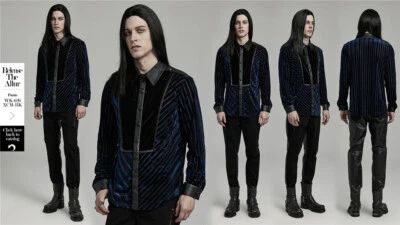 Punk Rave Men Black And Blue Gothic Punk Striped Velvet Spliced Fitted Blouse - Image 1 of 4