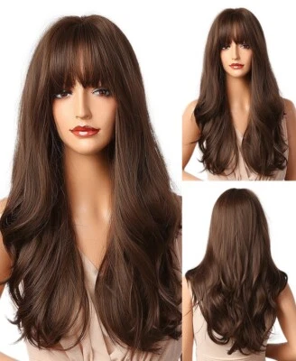 Dark brown Cosplay wig with Bangs Synthetic hair Heat resistant Wavy Black women